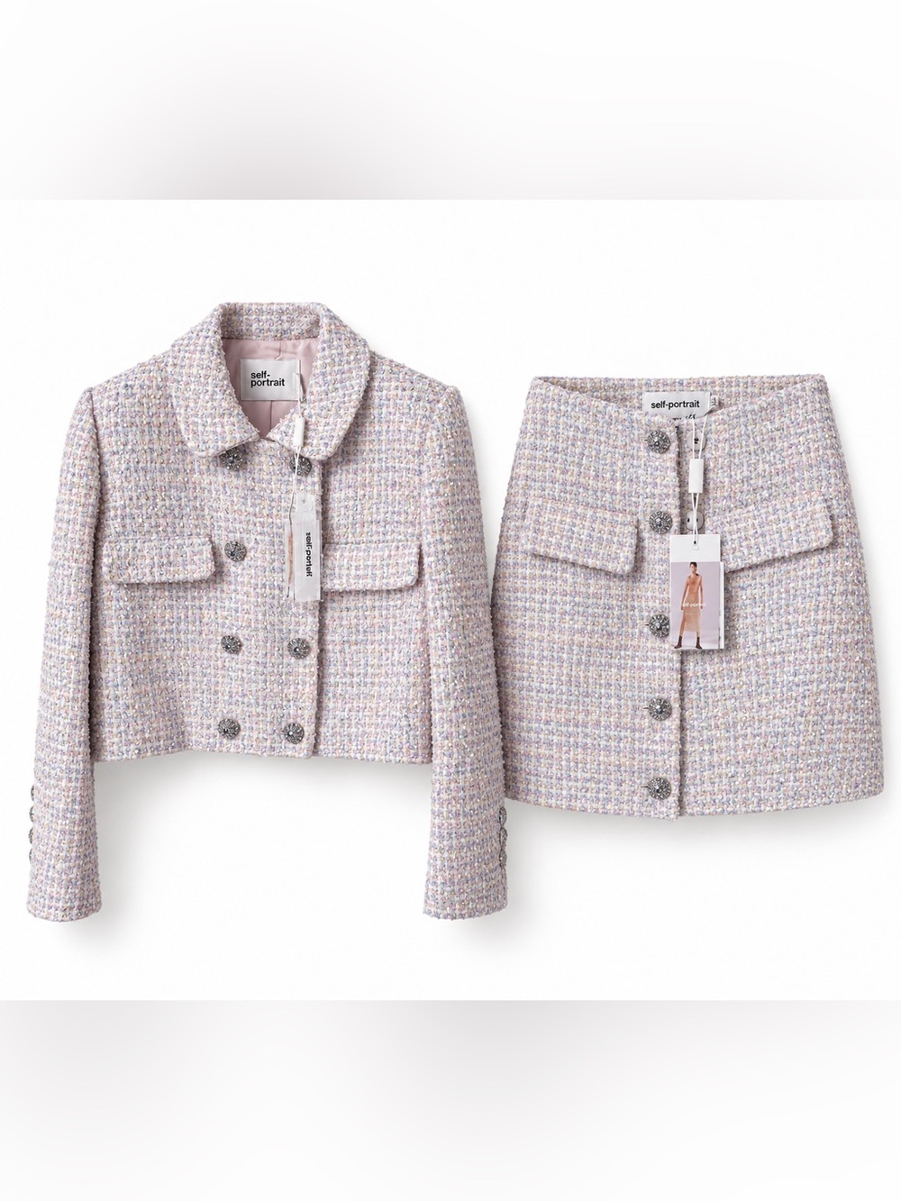 Self-Portrait Pastel Tweed Cropped Jacket & Skirt Set - Lilac Mix